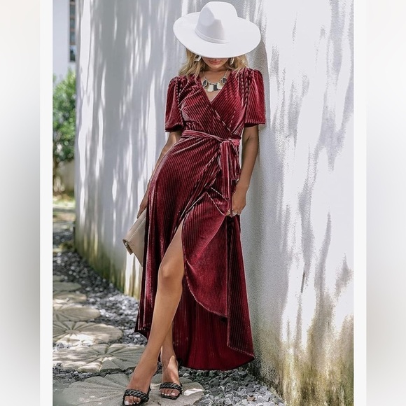 Women’s Red Wine Colored Velvet Wrap Dress - Picture 3 of 4